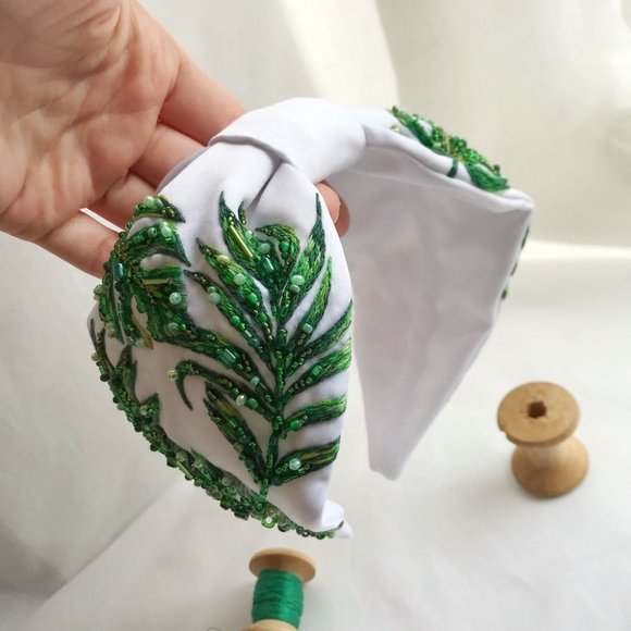 Green Palm Monstera Leave Beads Embroidery headband Hair Bangle Band Hoop Wreath main image 4